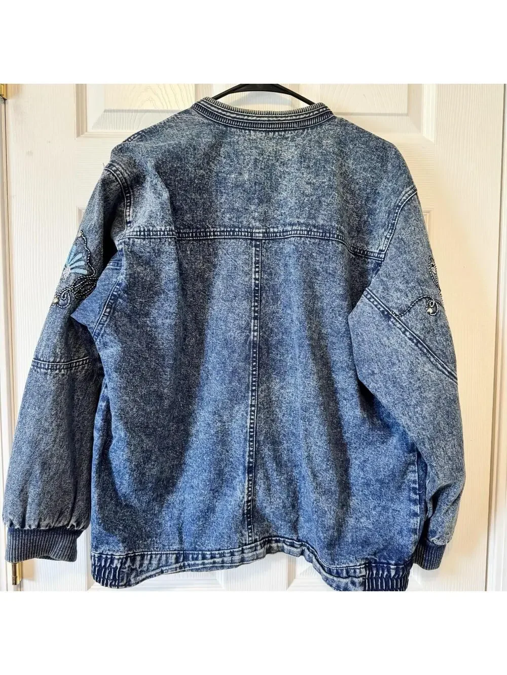 Vintage 90s Embellished Acid Wash Denim Jacket Oversized Cardigan Rhinesto Boho - Picture 3 of 9